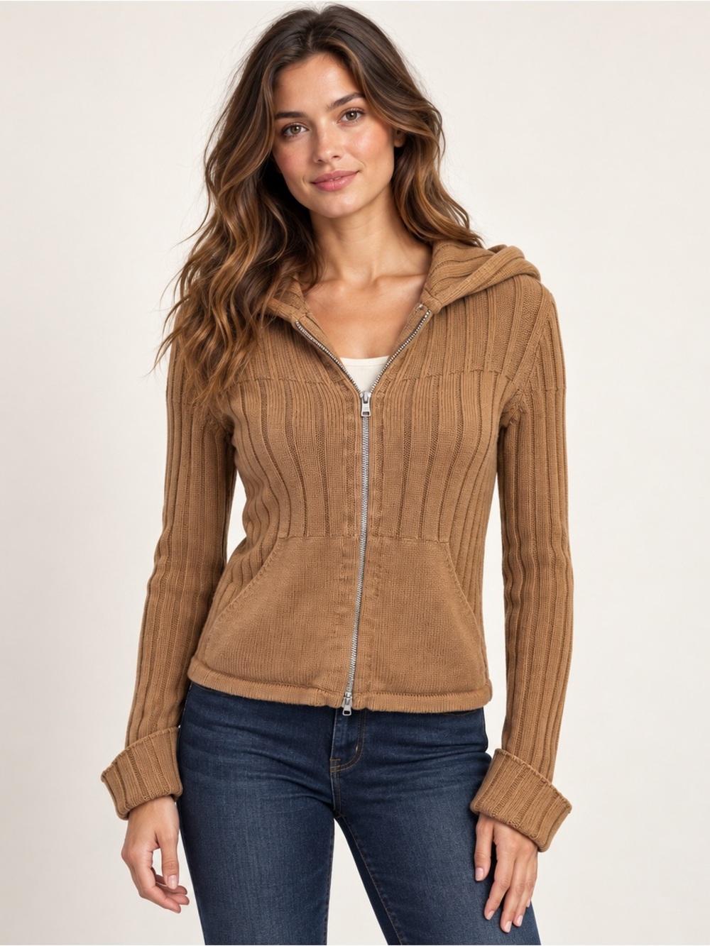 Armani Exchange Vintage Y2K Camel Heavy Ribbed Full Zip Knit Hoodie L